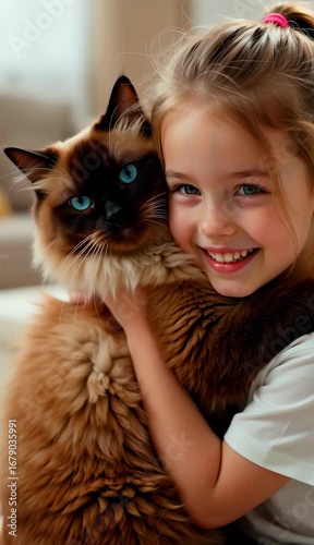An adorable moment of a girl hugging a fluffy dark brown Ragdoll cat with striking blue eyes.