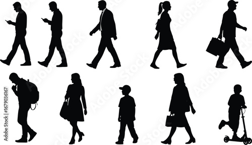 Silhouettes of Diverse People Walking, Standing, and Moving in Urban Lifestyle Scenes – Men, Women, Children in Everyday Activities