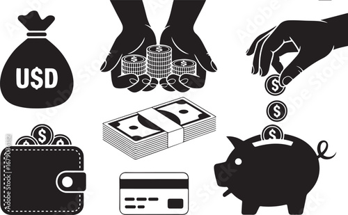 Collection of financial icons: money bag, coins, wallet, cash, credit card, piggy bank