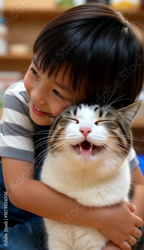 A cheerful scene of a boy with a short-haired white cat with brown and black tabby markings, full of joy.