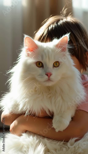 A fluffy white Persian cat with bright golden eyes. Held close by a little friend, creating a heartwarming scene of pure love
