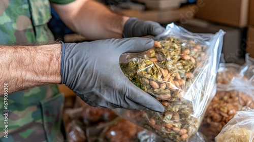 Military Personnel Handling Packaged Food in a Logistic Setup for Supply Distribution to Troops