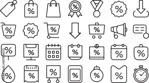 Collection of Icons Representing Sales, Discounts, and Promotions