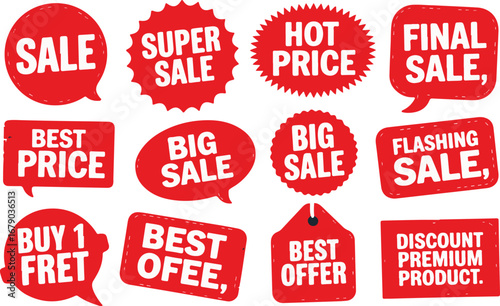 Collection of Red Sale and Discount Tags with Various Promotions
