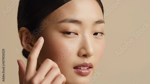 Radiant Asian Woman with Smooth Skin and Nude Makeup Displaying Facial Beauty in Studio Lighting for Skincare Advertisement and Cosmetic Promotion Suitable for Beauty and Health Concept