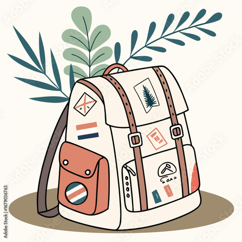 A vintage style backpack adorned with a collection of diverse travel stickers with a vibrant green plant subtly peeking out from behind perfect for adventure and wanderlust themes