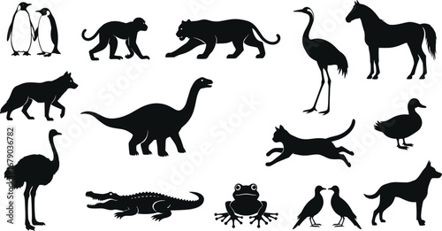 Silhouettes of Wild and Domestic Animals Including Dinosaur, Birds, Mammals, Reptiles, Amphibians – Vector Icons for Nature and Wildlife Themes
