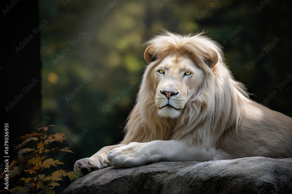 Fototapeta premium White lion resting on rock in forest clearing with soft golden light and calm expression