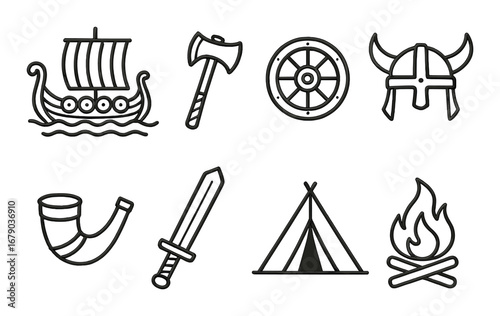 Viking symbols: longship, axe, shield, helmet, horn, sword, tent, campfire