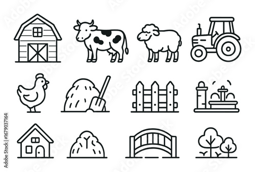 Farm icons: barn, animals, tractor, haystack, fence, home, bridge, trees
