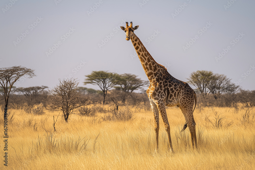 Fototapeta premium Tall giraffe savanna acacia tree dry grass African wildlife long neck solitary animal golden light