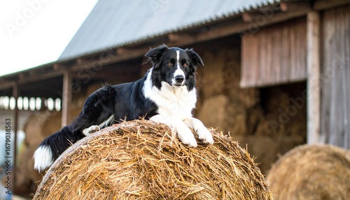 A black and white dog rests atop a round bale of hay in a farmyard