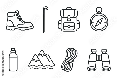 Outdoor adventure gear icons: hiking, backpacking, climbing, and navigation essentials