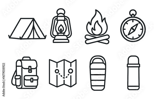 Camping adventure icons: tent, lantern, campfire, compass, backpack, map, sleeping bag, thermos
