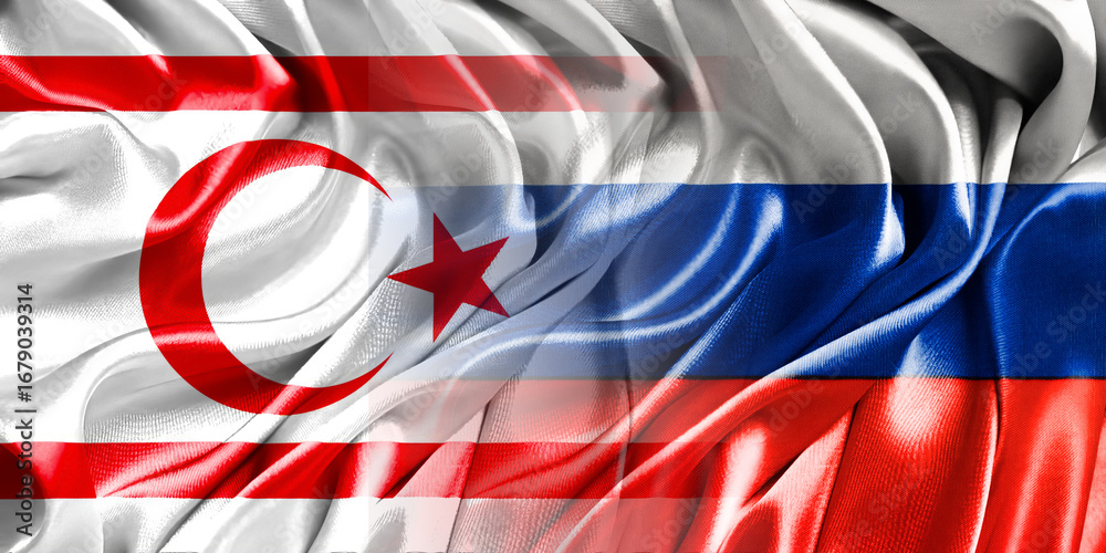 Obraz premium The national flags of Russia and Northern Cyprus are combined into one and placed side by side on a fluttering cotton background. Flags.