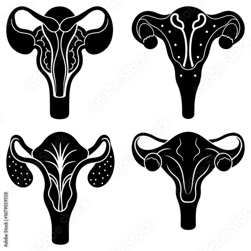 Four stylized black and white anatomical illustrations of the uterus and fallopian tubes in a square format