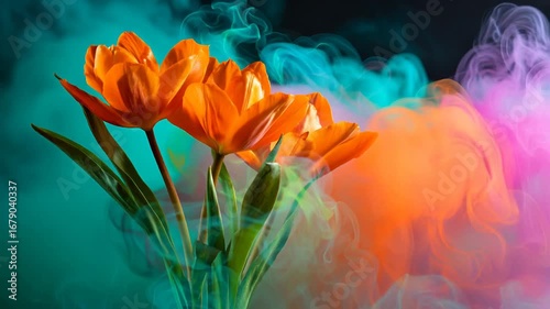 Orange tulips in vibrant colorful smoke art