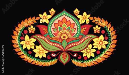 Traditional Thai temple wall art featuring intricate golden floral patterns and ancient religious symbols