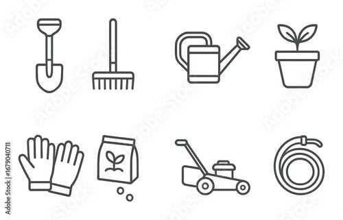 Garden tools outline icons: shovel, rake, watering can, plant pot, gloves, seeds, lawn mower, hose
