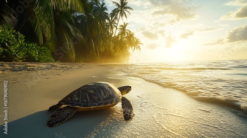 Sea Turtle Crawling on Tropical Beach at Sunset