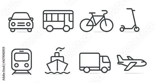Outline icons of transportation modes: car, bus, bicycle, scooter, train, ship, truck, airplane