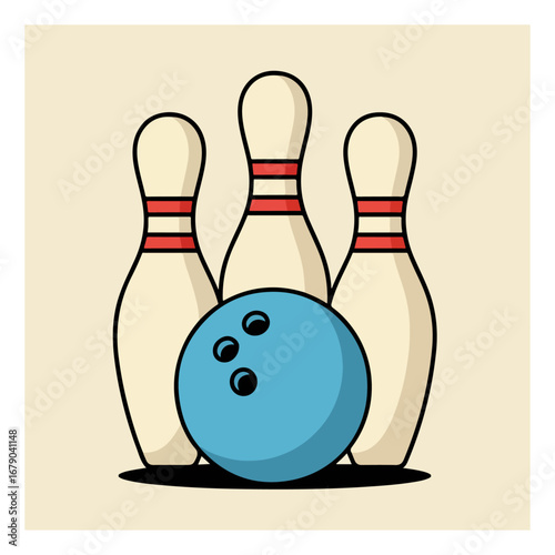 Bowling pins and ball illustration.