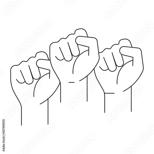 Protest raised fists icon set vector illustration, social movement symbol, revolution sign, solidarity design, activism graphic, power, rights, freedom.