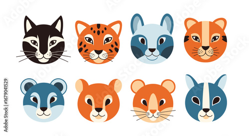 Collection of adorable cartoon big cat and forest animal heads