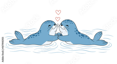 Adorable seals sharing a tender moment together in the ocean waves