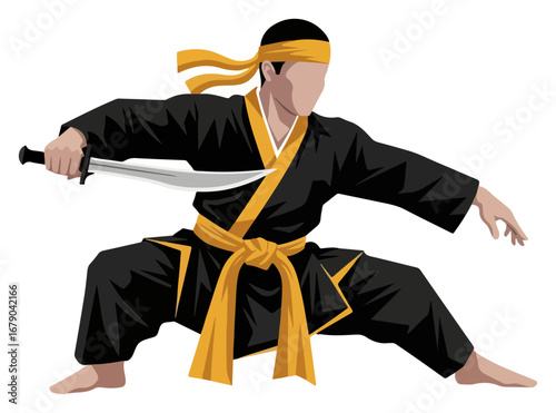 Martial Arts Warrior with Sword in Dynamic Pose.
