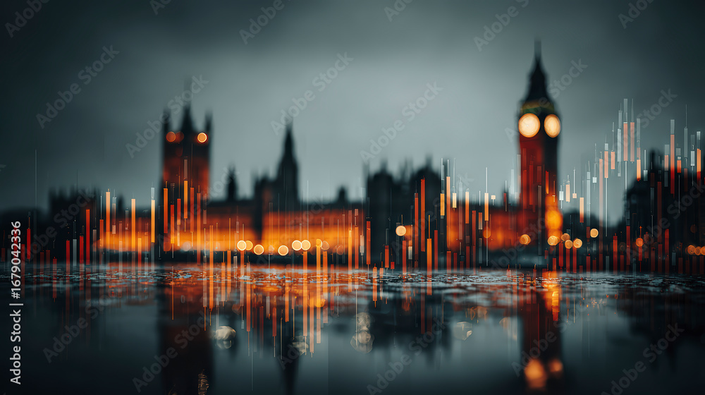 Fototapeta premium Blurred view of the Houses of Parliament and Big Ben in London, with shimmering reflections on a wet surface at twilight.