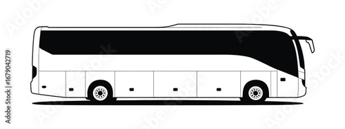 Stylized black and white illustration of a modern coach bus