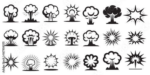 Collection of stylized mushroom cloud explosion icons and silhouettes representing nuclear or atomic blasts