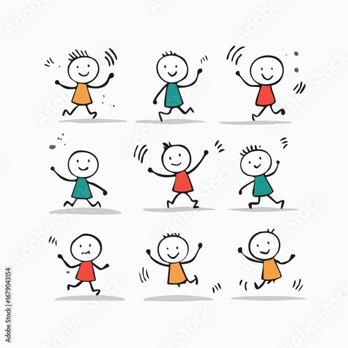 Set of Nine Happy and Energetic Stick Figures Waving and Jumping