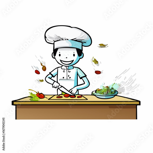 Happy Stickman Chef Chopping Vegetables in a Kitchen