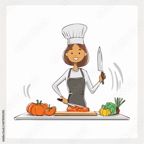 Happy Female Chef Chopping Vegetables with a Large Knife