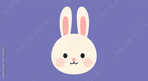 Cute kawaii bunny rabbit face with big ears and rosy cheeks on purple background