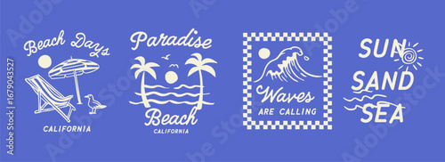 Summer beach badge vector set with palm trees, waves, sun, and typography for California surf style. Perfect for t-shirts, posters, or travel designs..	
