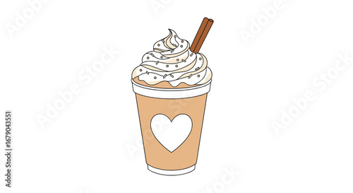 Creamy whipped topping coffee drink with cinnamon stick and heart decoration