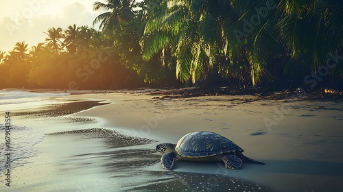 Sea Turtle Resting On Tropical Beach At Sunrise