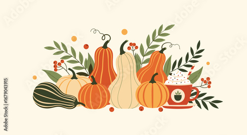 Vibrant autumn harvest display featuring pumpkins gourds and a cozy hot drink