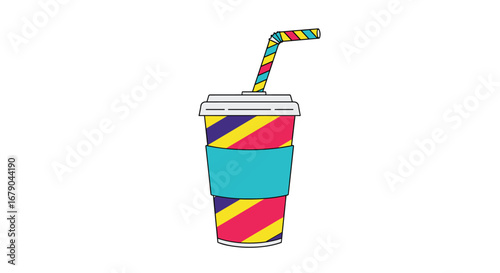 A colorful cold drink with a striped straw and sleeve for refreshment