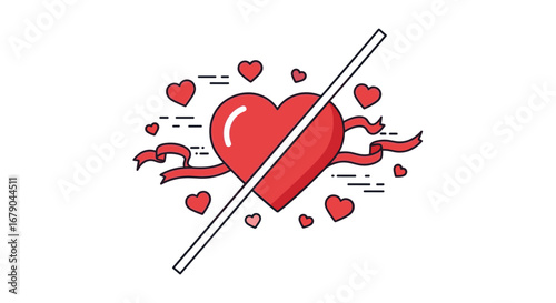 Broken heart symbol red ribbon wrapped around romantic breakup loss