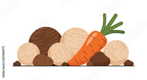 Delicious root vegetables freshly harvested from the earth for healthy eating