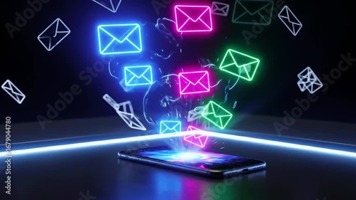 Vibrant digital representation of email notifications emerging from a smartphone on a dark background