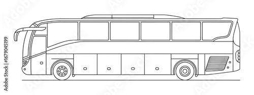 Black and white line drawing of a modern double decker bus