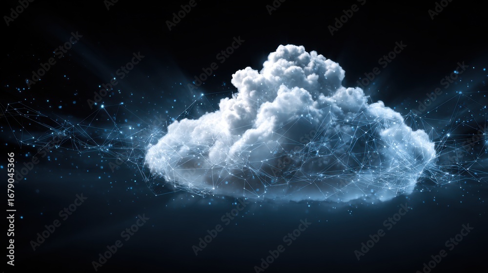 Fototapeta premium A billowing cloud is illuminated by bright connections and particles, symbolizing the integration of technology and data in modern innovation and communication.