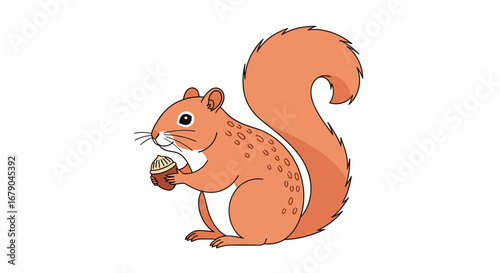 An adorable cartoon squirrel holding a nut with its paws in the forest
