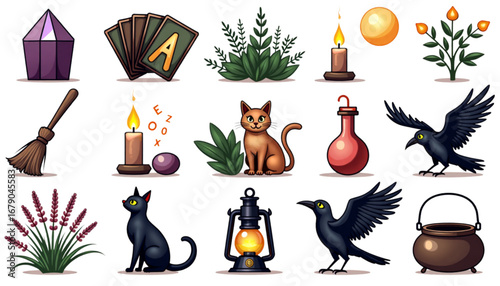 Collection of magical items including cards, candles, potions, and black cats
