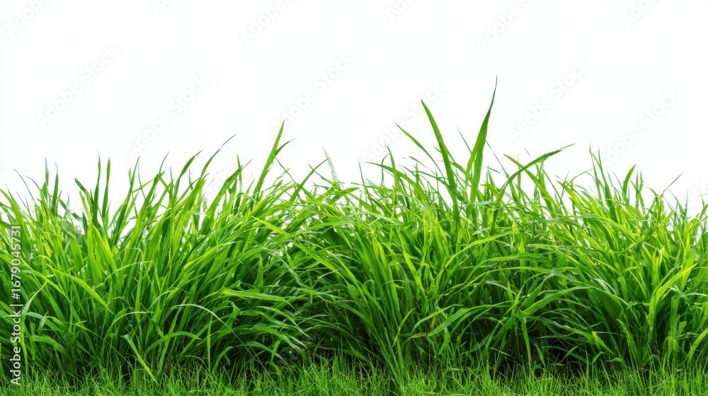 Obraz premium Tall, vibrant green grass covers the ground in a lively field, reaching towards the bright sky during the day. The scene conveys a sense of tranquility and nature's beauty.